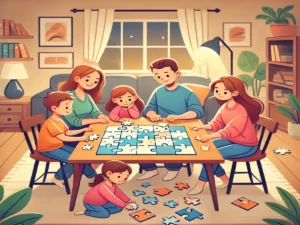 Family playing puzzles unplugging from computers for a digital detox moment