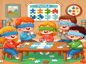 blindfolded puzzle playing kids image