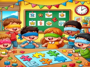 kids in a classroom blindfolded playing puzzles