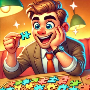 Man looking closely at a jigsaw puzzle piece